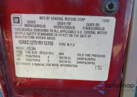 2001 Chevrolet Tahoe Ls z USA, uszkodzony, nr VIN 1GNEC13T31R113700